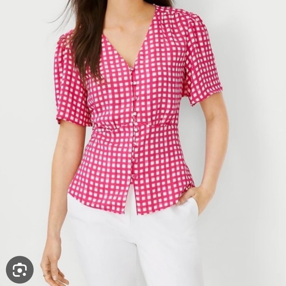 Ann Taylor NWT gingham pink and white blouse size 10